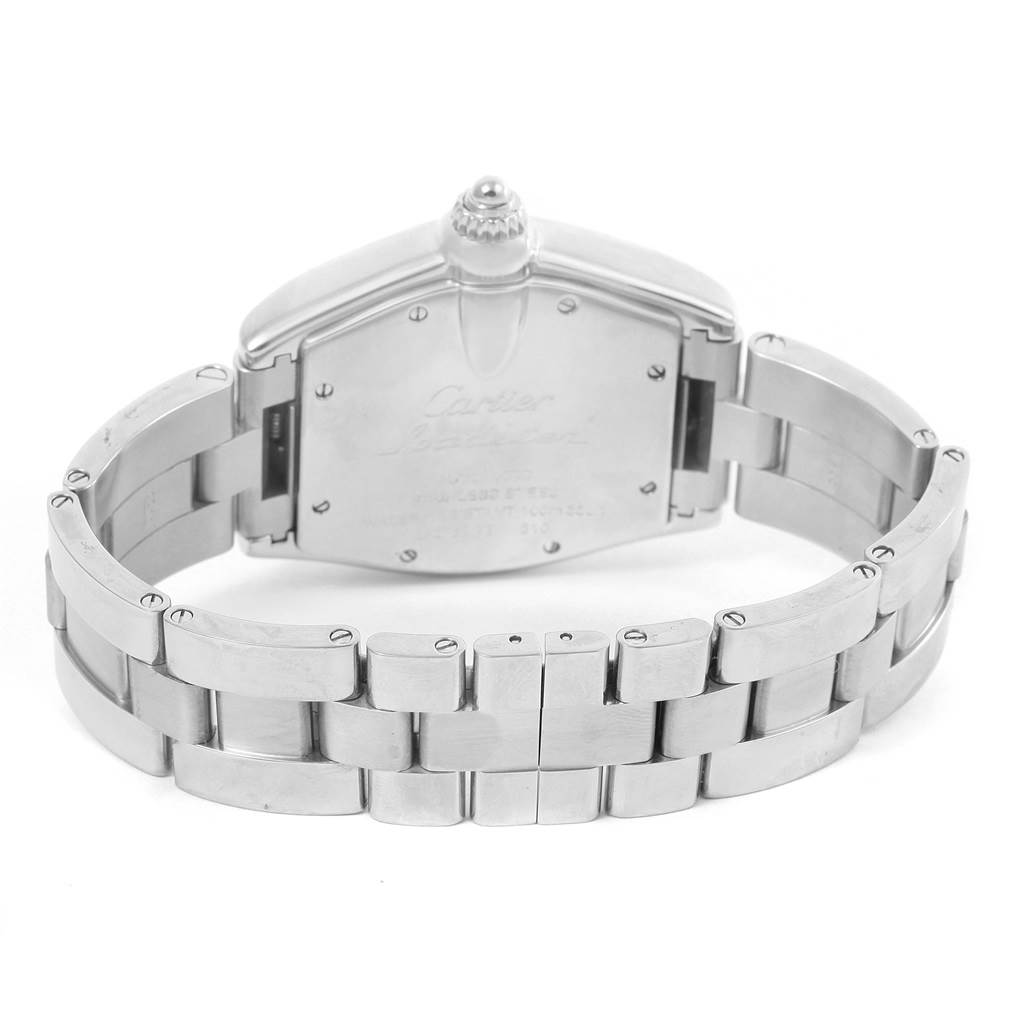 This image shows the back case and bracelet of a Cartier Roadster W62041V3 Men's Stainless Steel Black Dial W62041V3 Men's Stainless Steel Black Dial watch from a rear angle.