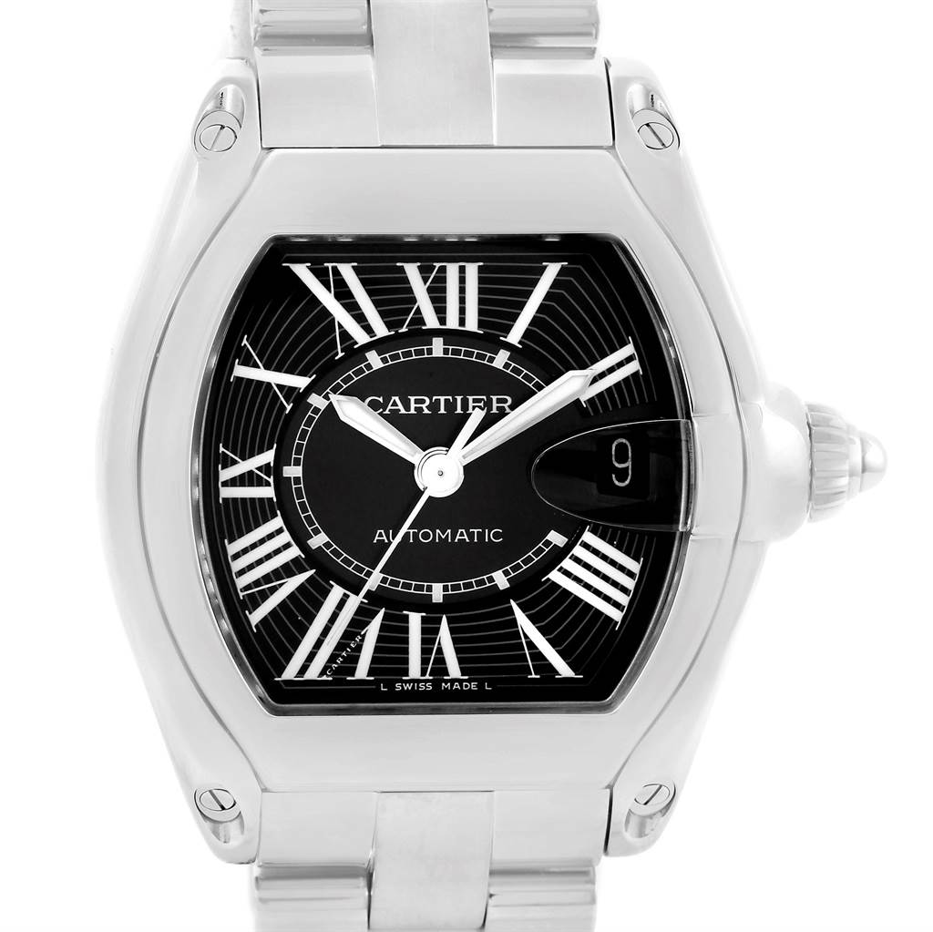The image shows a front view of a Cartier Roadster W62041V3 Men's Stainless Steel Black Dial W62041V3 Men's Stainless Steel Black Dial watch, highlighting its face, bezel, crown, and part of the bracelet.
