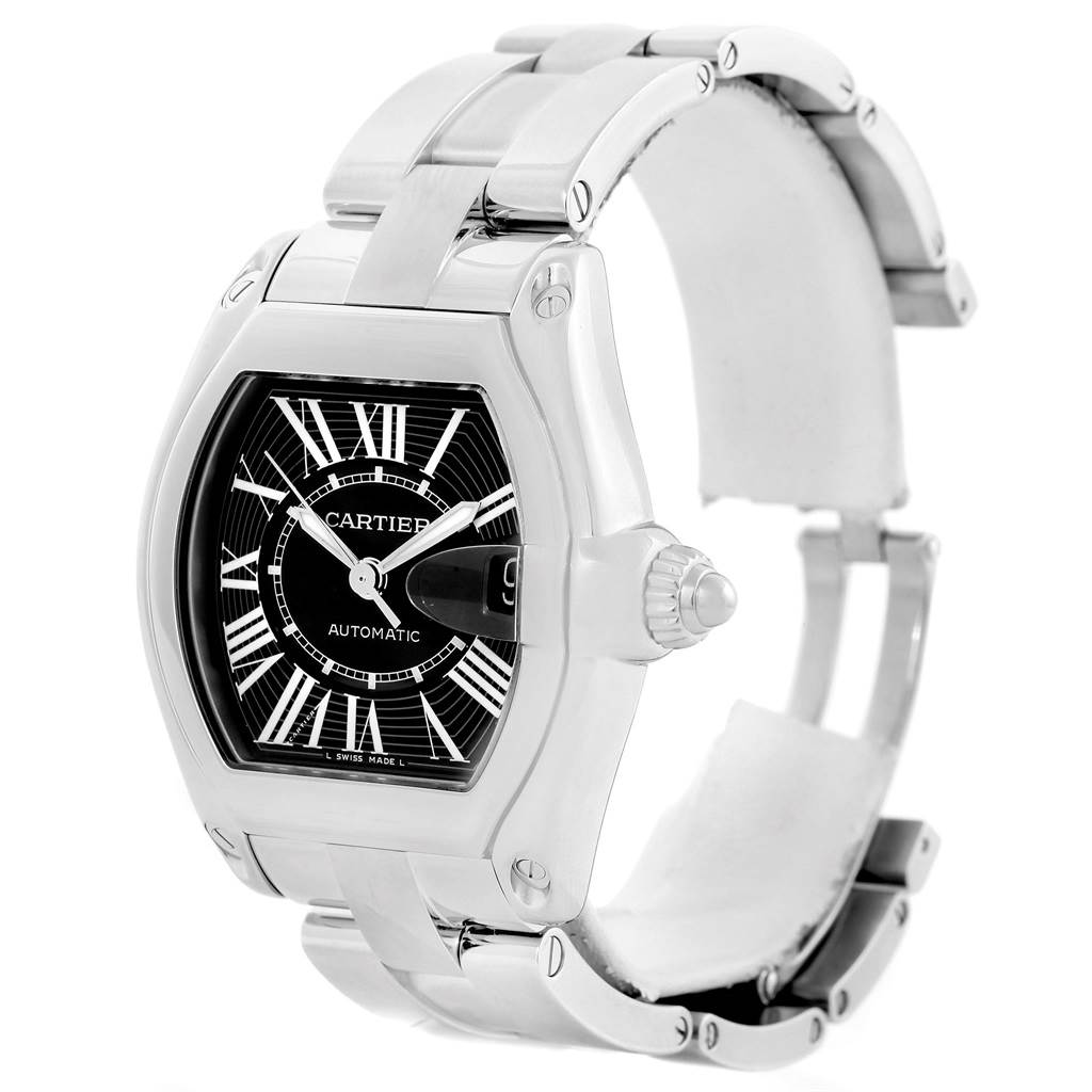 The image shows a Cartier Roadster W62041V3 Men's Stainless Steel Black Dial W62041V3 Men's Stainless Steel Black Dial watch angled slightly to the left, highlighting its dial, crown, and bracelet.