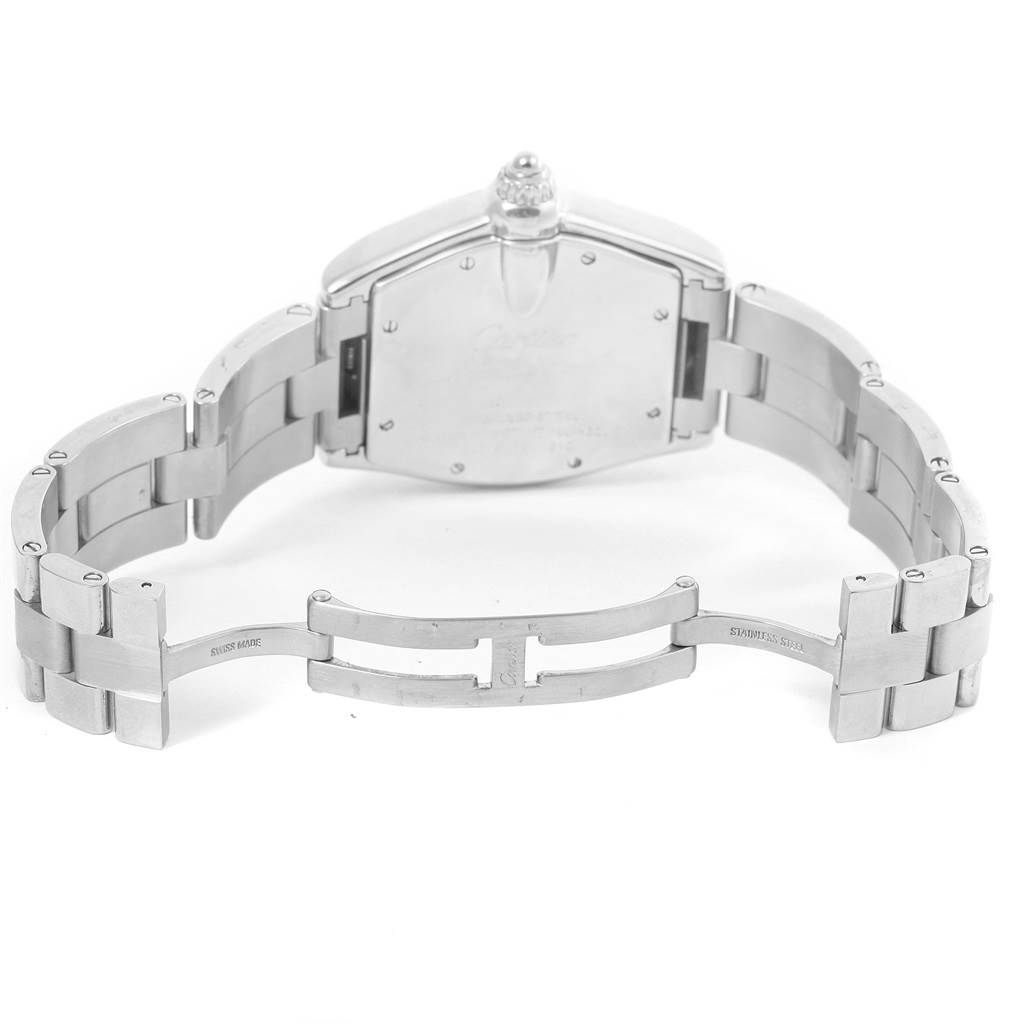 This image shows the back view of the Cartier Roadster W62041V3 Men's Stainless Steel Black Dial W62041V3 Men's Stainless Steel Black Dial watch, highlighting its stainless steel bracelet and clasp.