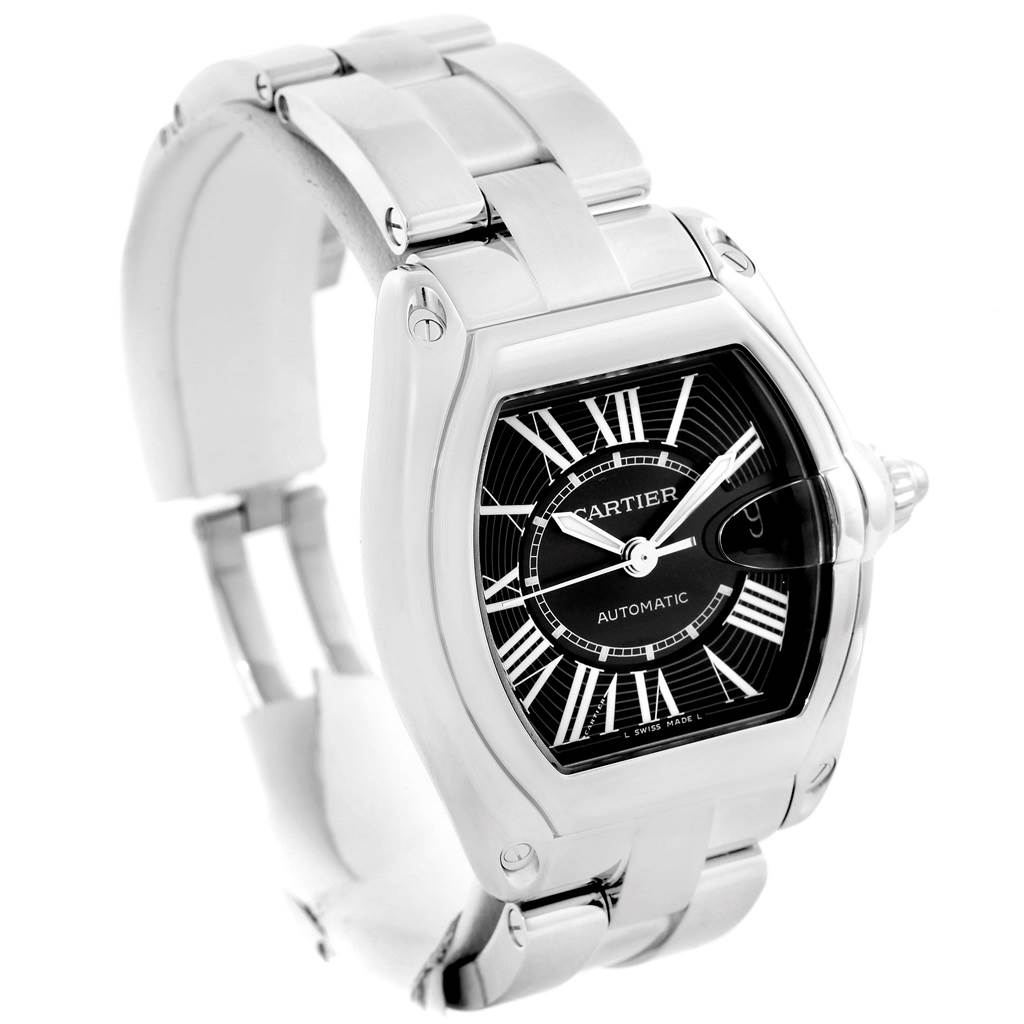 This image shows a Cartier Roadster W62041V3 Men's Stainless Steel Black Dial W62041V3 Men's Stainless Steel Black Dial watch at an angle highlighting its face and metal band.
