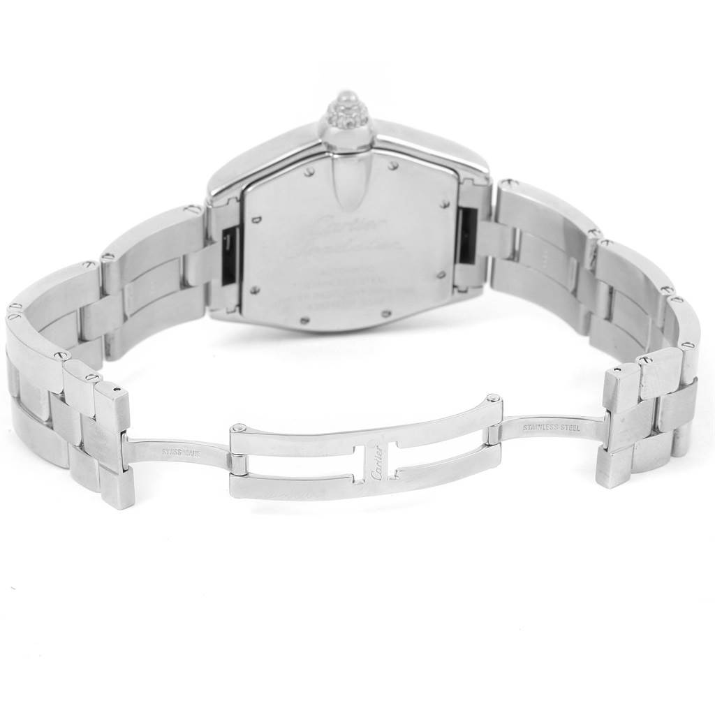 This image shows the back view of a Cartier Roadster W62025V3 Men's Stainless Steel Silver Dial W62025V3 Men's Stainless Steel Silver Dial watch, highlighting the stainless steel bracelet and clasp.