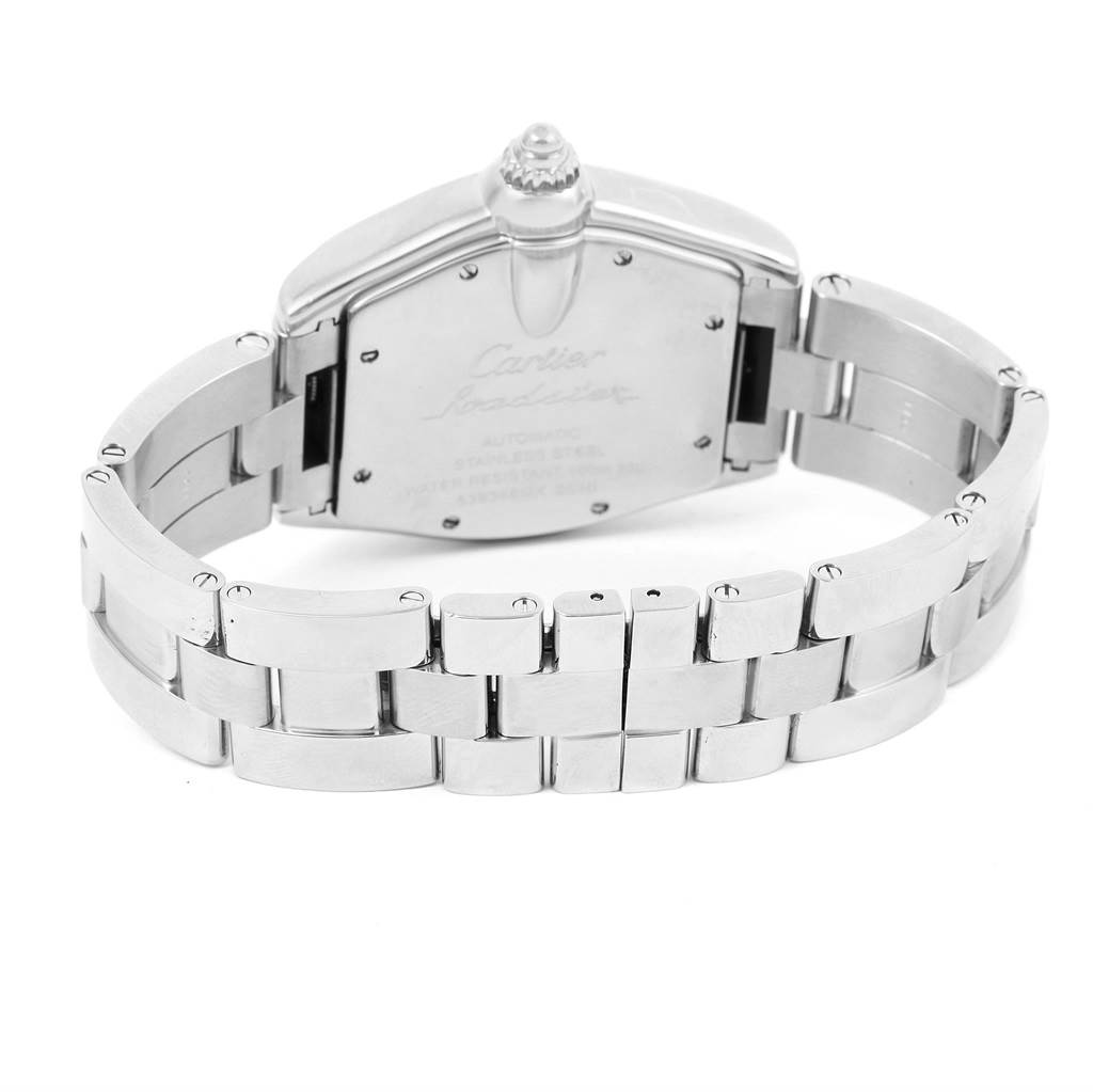 The image shows the back case and bracelet of a Cartier Roadster W62025V3 Men's Stainless Steel Silver Dial W62025V3 Men's Stainless Steel Silver Dial watch, viewed from the rear.