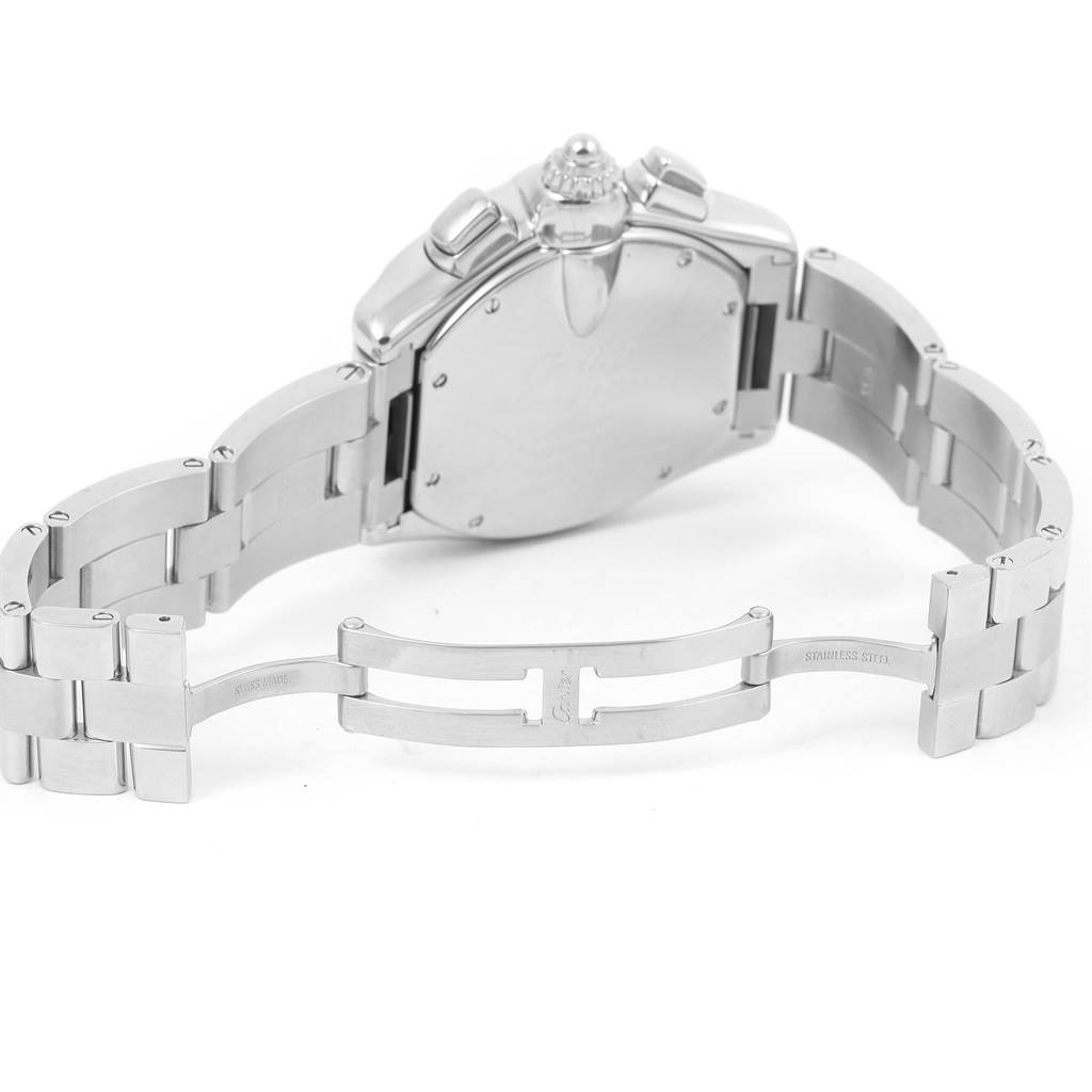 The image shows the back case and partially open stainless steel bracelet of a Cartier Roadster W62020X6 Men
s Stainless Steel Black Dial W62020X6 Men
s Stainless Steel Black Dial watch.