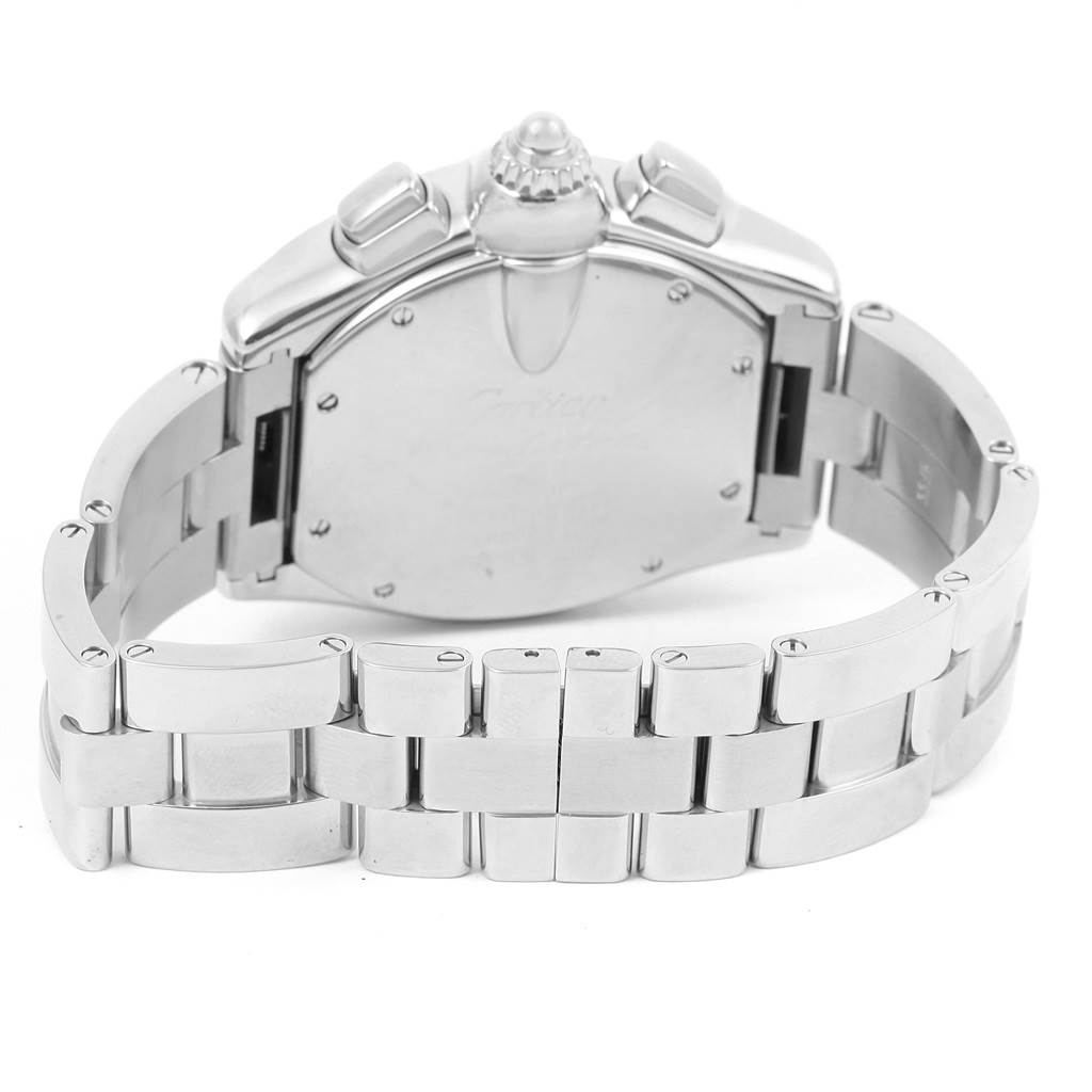 The image shows the back and bracelet of the Cartier Roadster W62020X6 Men
s Stainless Steel Black Dial W62020X6 Men
s Stainless Steel Black Dial watch, highlighting the clasp and caseback.