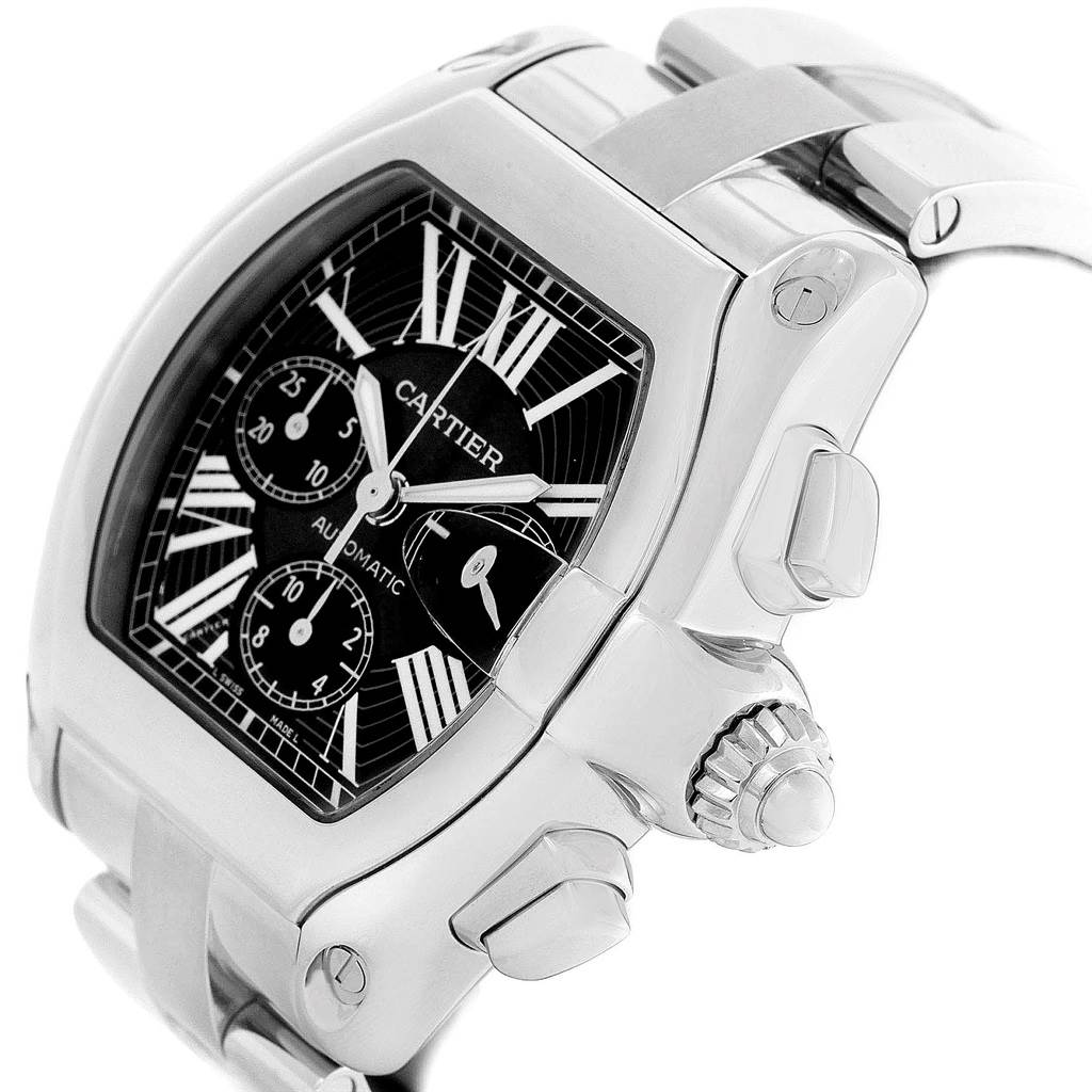 The image shows a close-up, angled view of the Cartier Roadster W62020X6 Men
s Stainless Steel Black Dial W62020X6 Men
s Stainless Steel Black Dial watch, highlighting its dial, crown, and part of the bracelet.