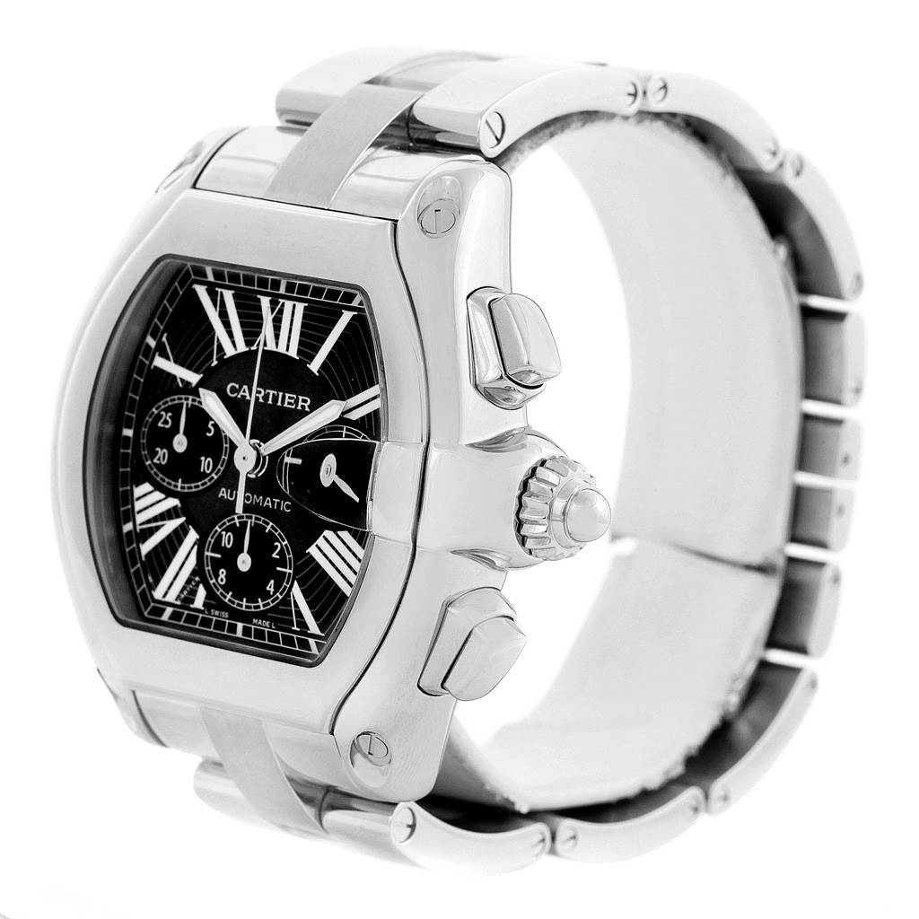 This image shows a Cartier Roadster W62020X6 Men
s Stainless Steel Black Dial W62020X6 Men
s Stainless Steel Black Dial watch at a side angle highlighting its crown, pushers, and part of the bracelet.
