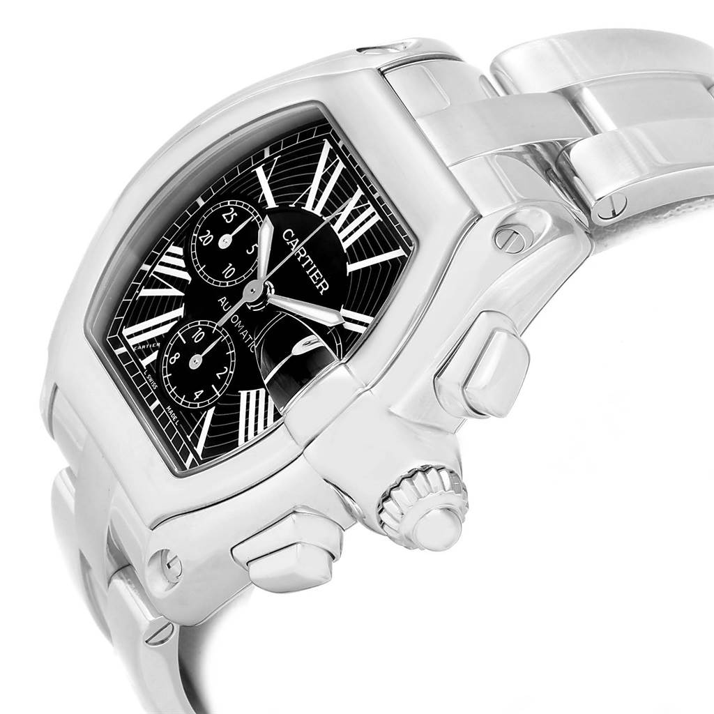 The image shows a close-up of the Cartier Roadster W62020X6 Men's Stainless Steel Black Dial W62020X6 Men's Stainless Steel Black Dial watch, highlighting the dial, crown, and part of the bracelet from a side angle.
