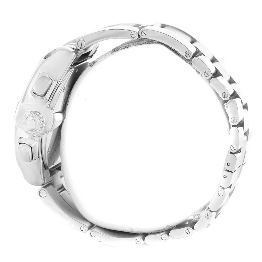 This image shows a side profile of the Cartier Roadster W62020X6 Men's Stainless Steel Black Dial W62020X6 Men's Stainless Steel Black Dial watch, highlighting the clasp and link bracelet.