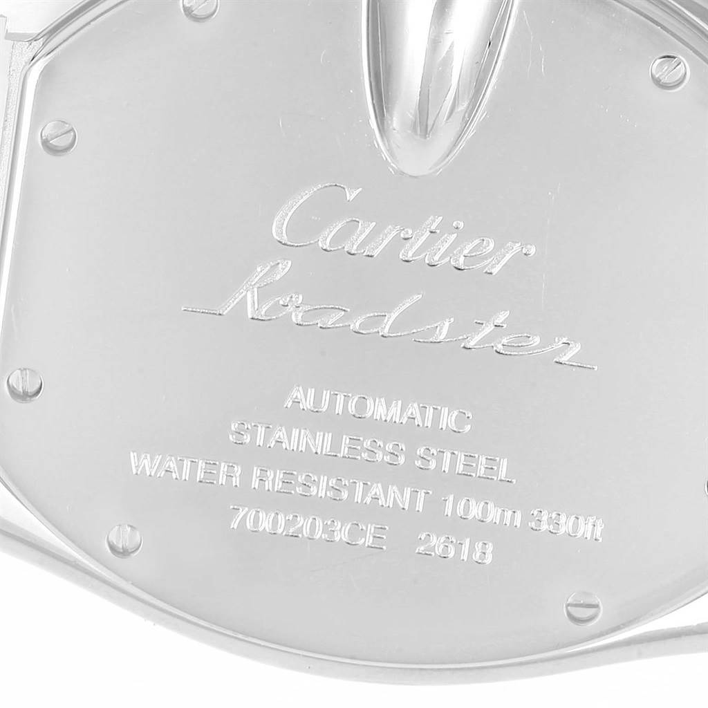This image shows the back case of the Cartier Roadster W62020X6 Men's Stainless Steel Black Dial W62020X6 Men's Stainless Steel Black Dial watch, highlighting its automatic movement and water resistance.