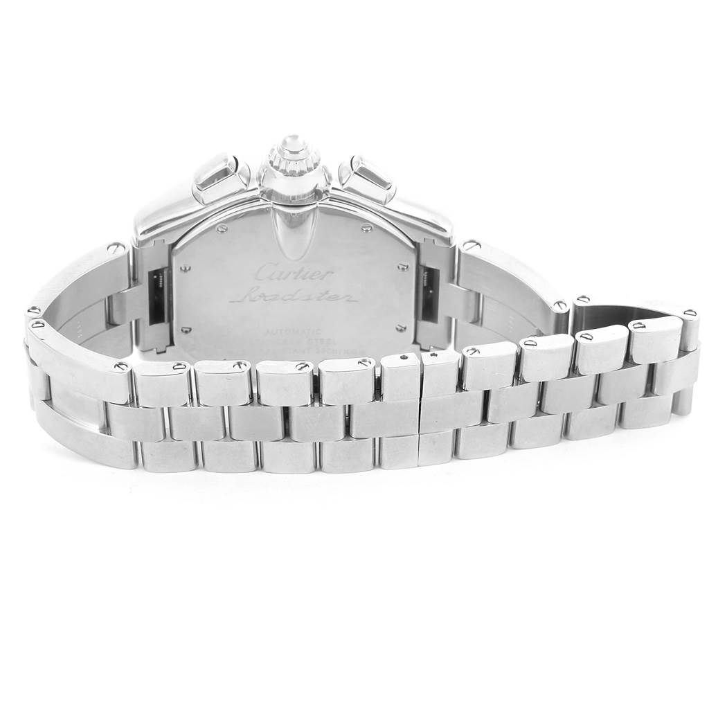 This image shows the back view of the Cartier Roadster W62020X6 Men's Stainless Steel Black Dial W62020X6 Men's Stainless Steel Black Dial watch, showcasing its bracelet and case back.