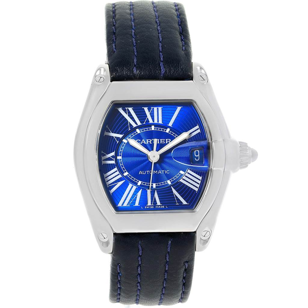 This image shows a Cartier Roadster W62048V3 Men's Stainless Steel Blue Dial W62048V3 Men's Stainless Steel Blue Dial watch from a front view, highlighting its face, bezel, crown, and leather strap.