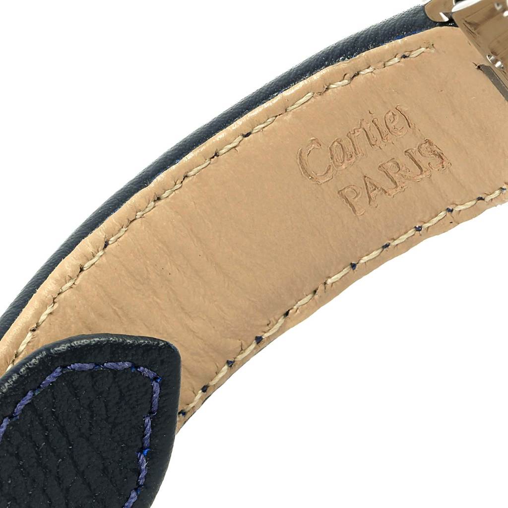 This is a close-up of the leather strap from the Cartier Roadster W62048V3 Men's Stainless Steel Blue Dial W62048V3 Men's Stainless Steel Blue Dial watch, showing the Cartier Paris branding.