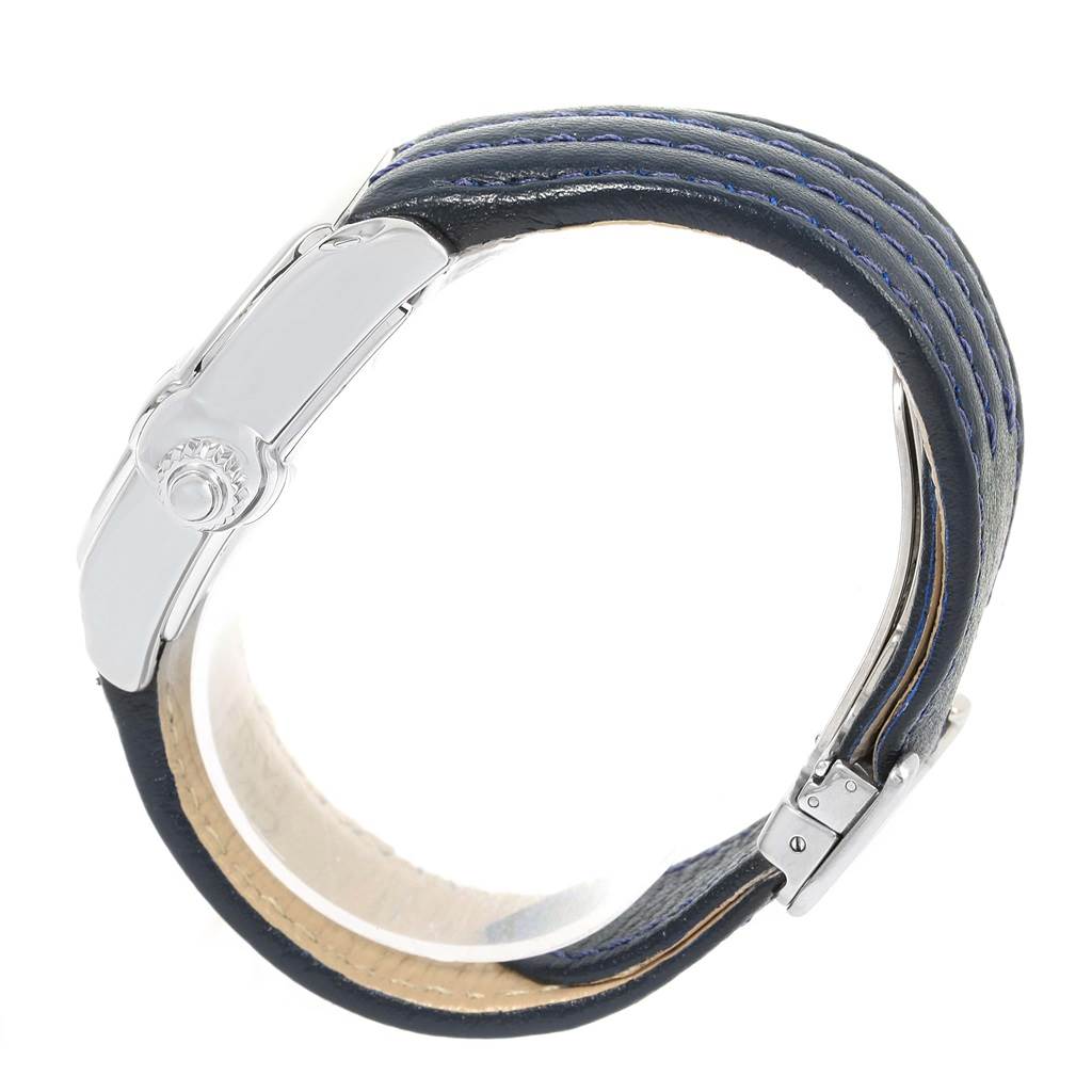 The image shows a Cartier Roadster W62048V3 Men's Stainless Steel Blue Dial W62048V3 Men's Stainless Steel Blue Dial watch from a side angle, highlighting the clasp and leather strap.