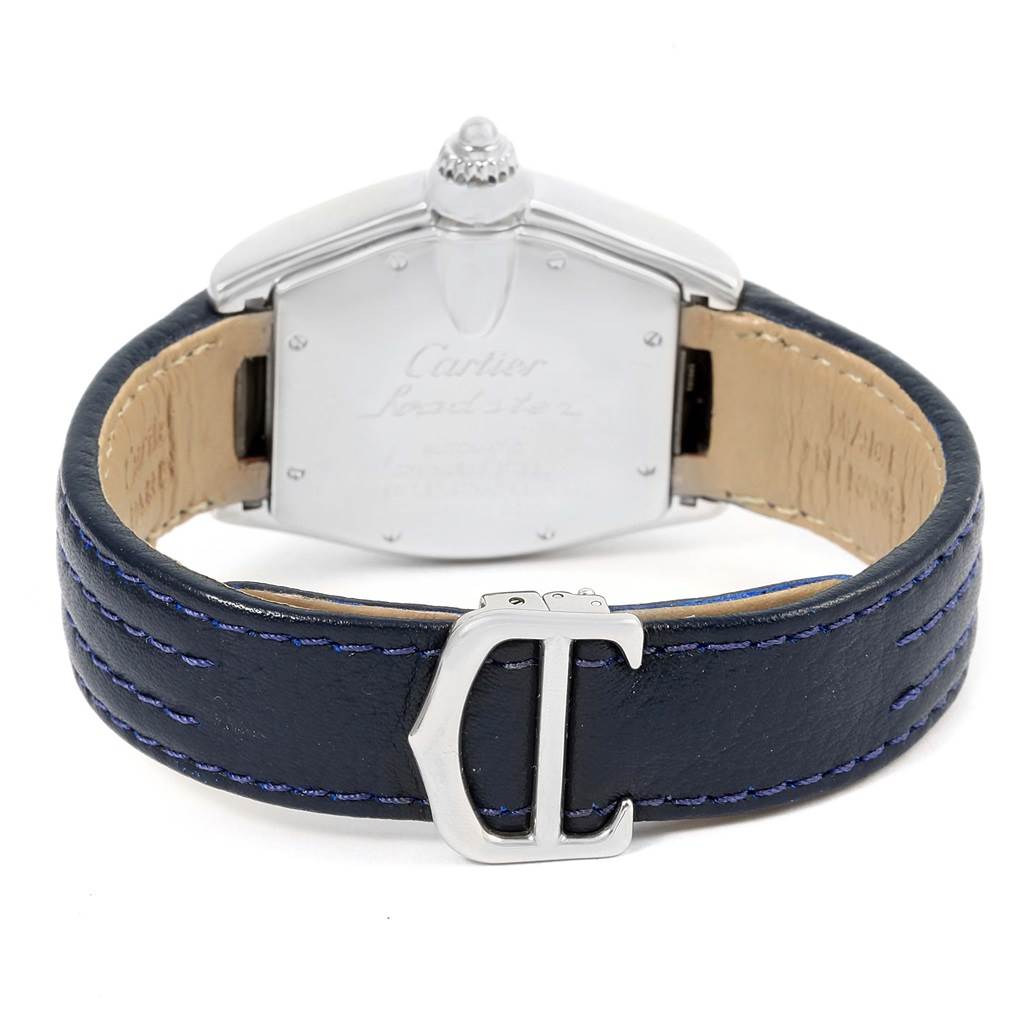 This image shows the back view of a Cartier Roadster W62048V3 Men's Stainless Steel Blue Dial W62048V3 Men's Stainless Steel Blue Dial watch, highlighting the case back and leather strap with a metal clasp.