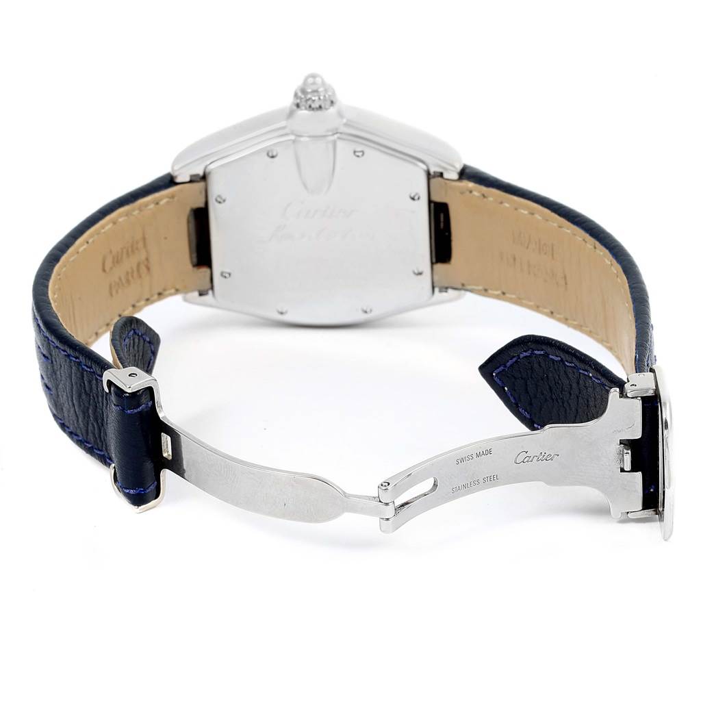 The image shows the back view of a Cartier Roadster W62048V3 Men's Stainless Steel Blue Dial W62048V3 Men's Stainless Steel Blue Dial watch, highlighting its case back and partially opened leather strap.