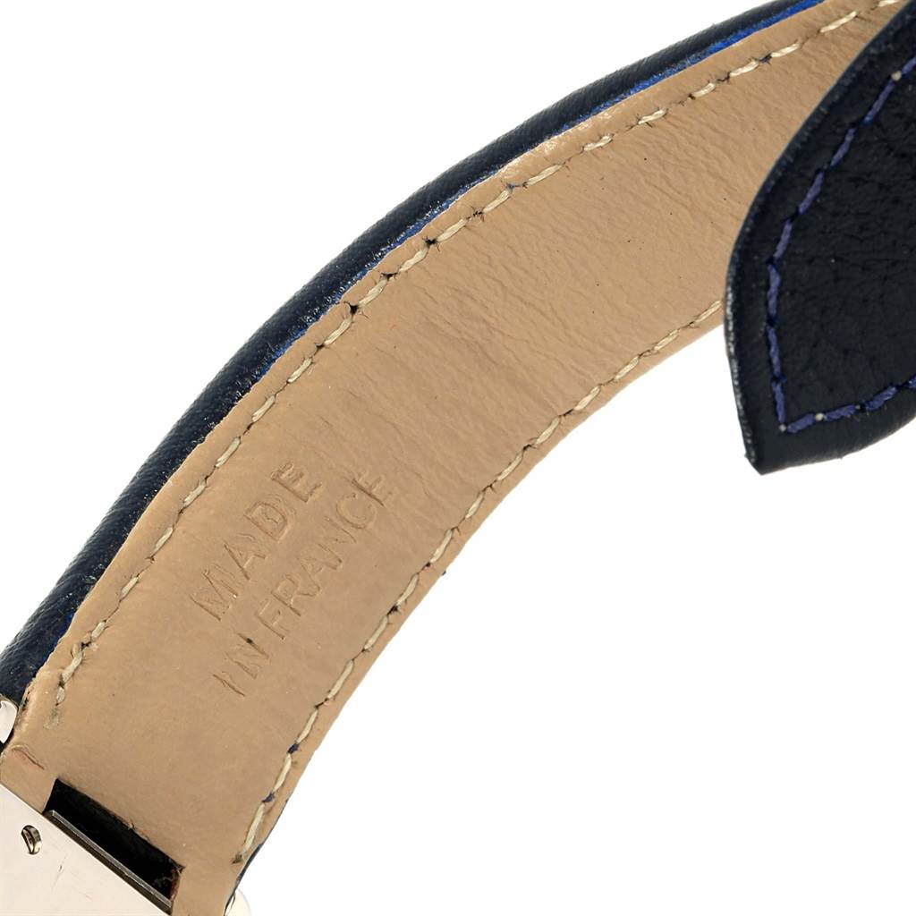 This image shows a close-up of the inner side of the leather strap of a Cartier Roadster W62048V3 Men's Stainless Steel Blue Dial W62048V3 Men's Stainless Steel Blue Dial watch, revealing stitching and "Made in France" text.