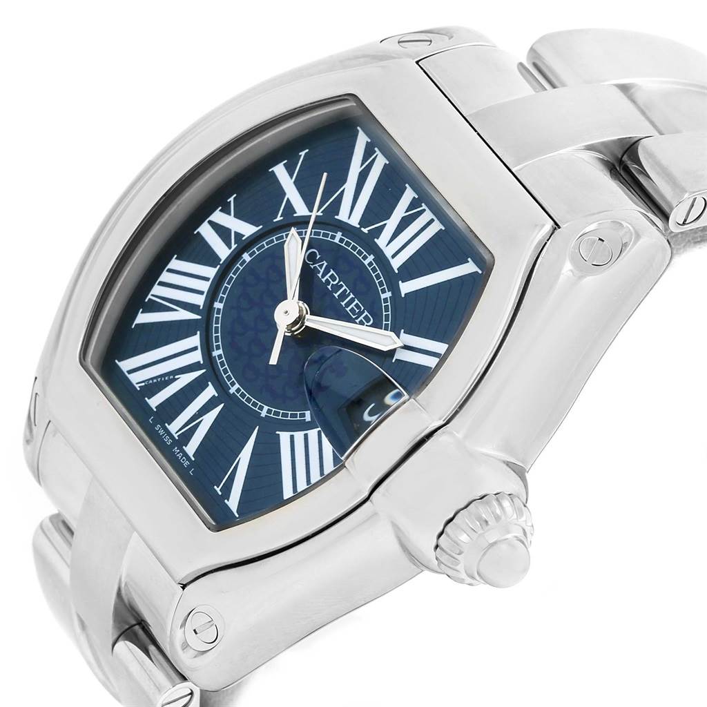 The image shows a close-up, angled view of the face, bezel, and part of the strap of a Cartier Roadster W6206012 Men's Stainless Steel Blue Dial W6206012 Men's Stainless Steel Blue Dial watch.
