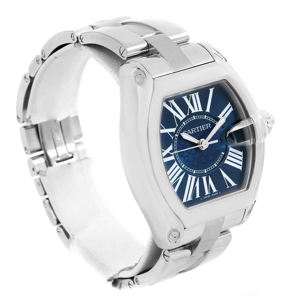 The Cartier Roadster W6206012 Men's Stainless Steel Blue Dial W6206012 Men's Stainless Steel Blue Dial model watch is shown at an angle displaying its face, bracelet, and distinctive case design.