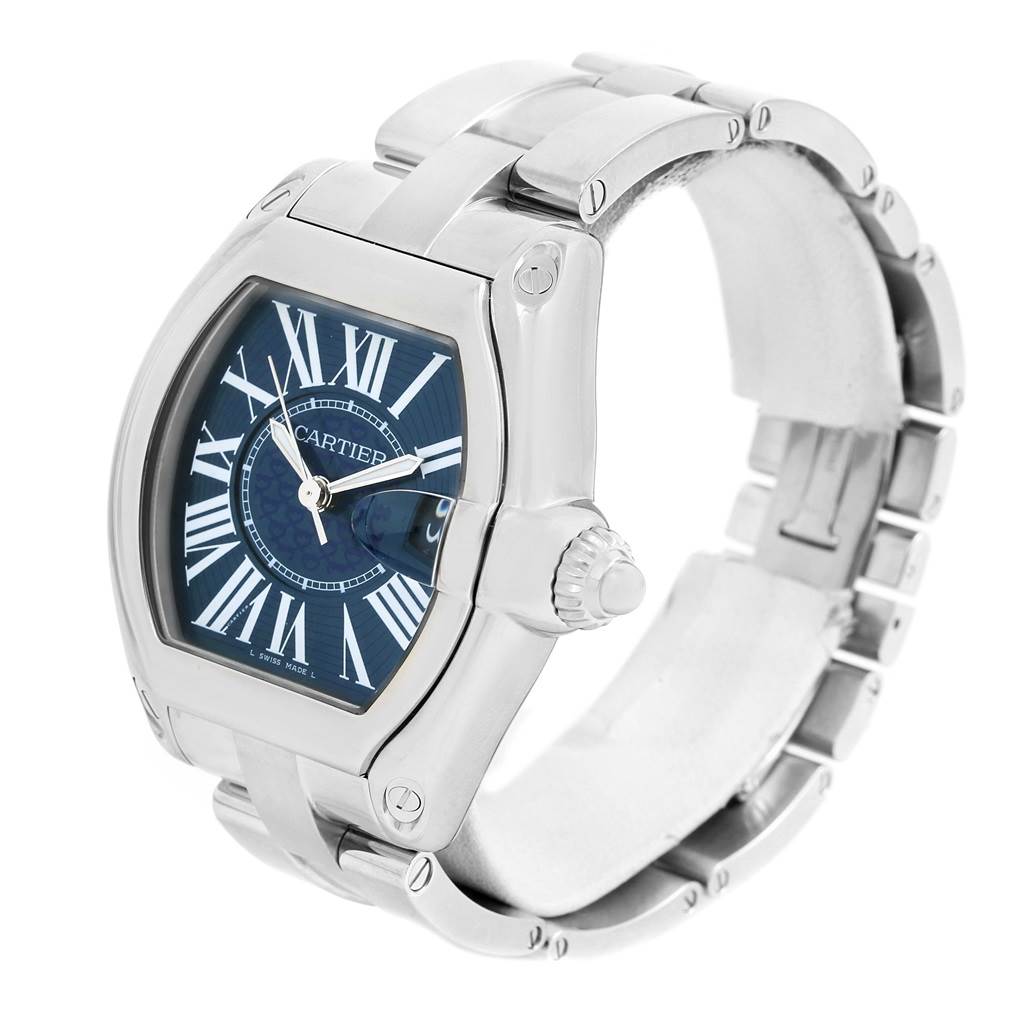 The image shows a Cartier Roadster W6206012 Men's Stainless Steel Blue Dial W6206012 Men's Stainless Steel Blue Dial watch at an angled view, highlighting the face, crown, and bracelet.