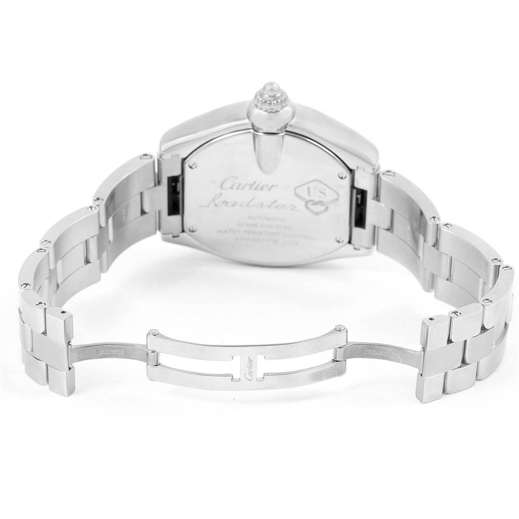 The image shows the back view of a Cartier Roadster W6206012 Men's Stainless Steel Blue Dial W6206012 Men's Stainless Steel Blue Dial watch, highlighting the bracelet and clasp.