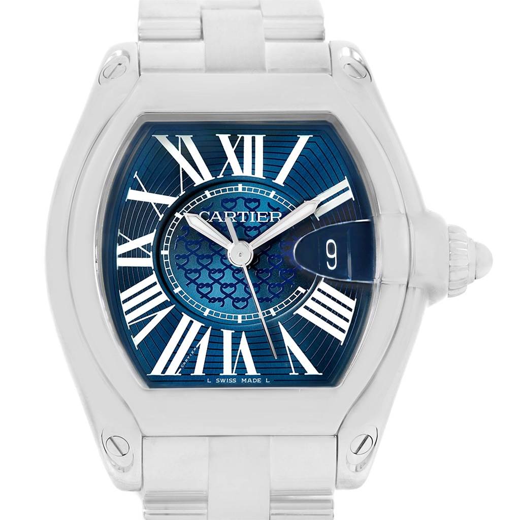 This image shows a front view of the Cartier Roadster W6206012 Men's Stainless Steel Blue Dial W6206012 Men's Stainless Steel Blue Dial watch featuring a blue dial, Roman numerals, and metallic bracelet.