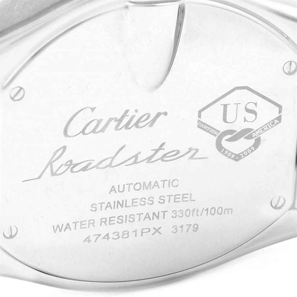 This image shows the back case of a Cartier Roadster W6206012 Men's Stainless Steel Blue Dial W6206012 Men's Stainless Steel Blue Dial watch, displaying the model details and specifications.