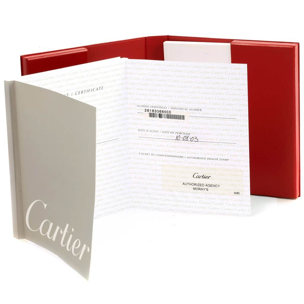 The image shows the authentication certificate and red presentation folder for the Cartier Roadster W62006X6 Men's Stainless Steel Silver Dial W62006X6 Men's Stainless Steel Silver Dial model watch.