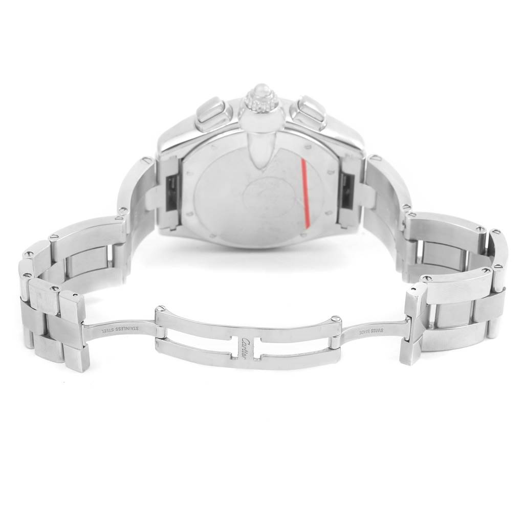 The image shows the back and bracelet of a Cartier Roadster W62006X6 Men's Stainless Steel Silver Dial W62006X6 Men's Stainless Steel Silver Dial watch, highlighting the clasp and the case back.