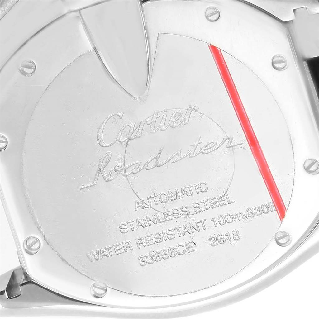 This image shows the back case of a Cartier Roadster W62006X6 Men's Stainless Steel Silver Dial W62006X6 Men's Stainless Steel Silver Dial watch, highlighting its engravings and specifications.
