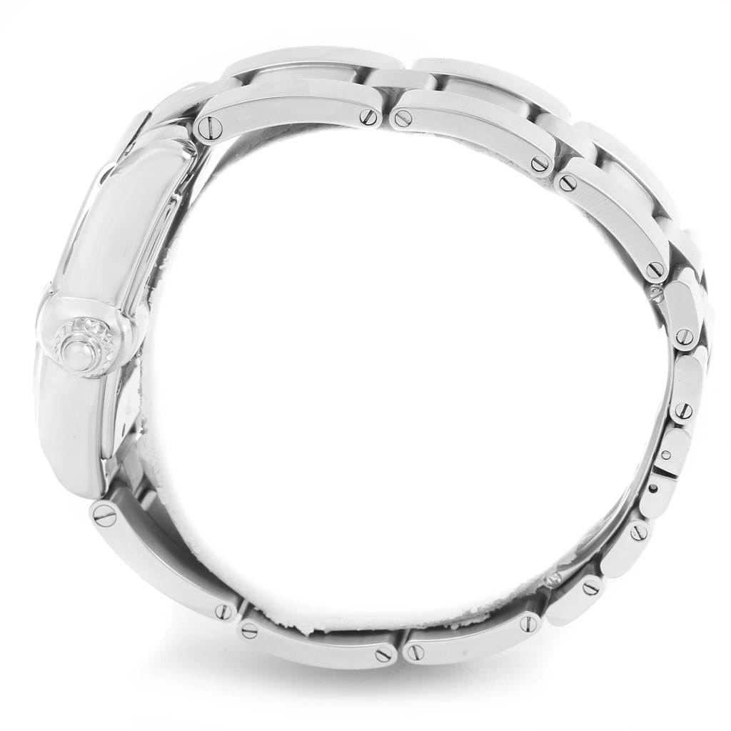 This image shows a side view of the Cartier Roadster W62041V3 Men's Stainless Steel Black Dial W62041V3 Men's Stainless Steel Black Dial watch, highlighting its links and winding crown.