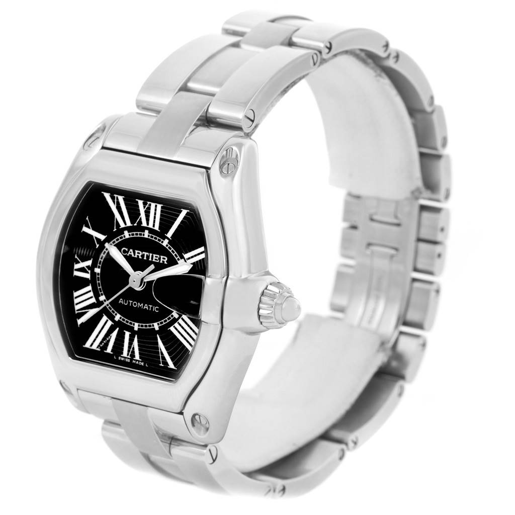 This image shows a Cartier Roadster W62041V3 Men's Stainless Steel Black Dial W62041V3 Men's Stainless Steel Black Dial watch from a slight side angle, highlighting the dial, crown, and metal bracelet.