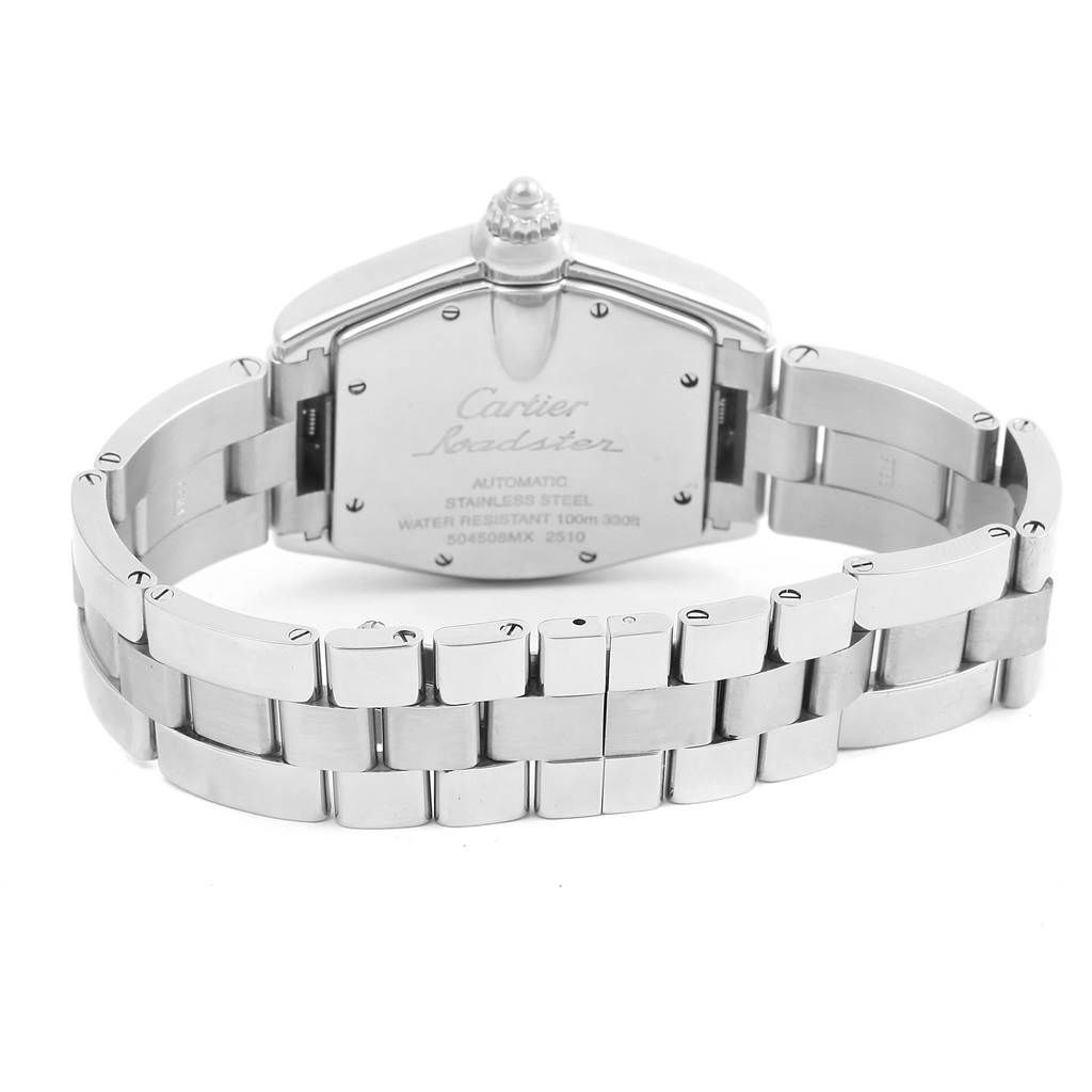 The image shows the back view of the Cartier Roadster W62041V3 Men's Stainless Steel Black Dial W62041V3 Men's Stainless Steel Black Dial watch, highlighting the case back and stainless steel bracelet.