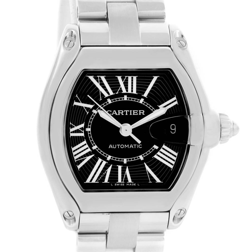 The image shows a front view of the Cartier Roadster W62041V3 Men's Stainless Steel Black Dial W62041V3 Men's Stainless Steel Black Dial watch, highlighting its face, bezel, and part of its bracelet.