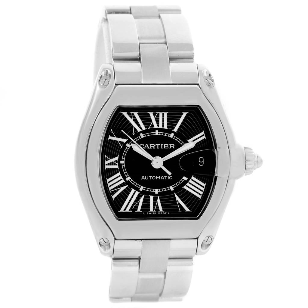 The image shows a frontal view of the Cartier Roadster W62041V3 Men's Stainless Steel Black Dial W62041V3 Men's Stainless Steel Black Dial watch, highlighting its dial, bracelet, and crown.