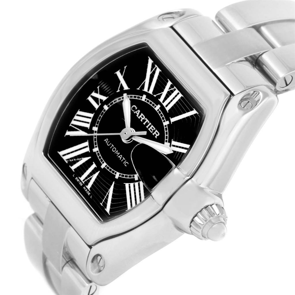 The image shows a close-up, angled view of a Cartier Roadster W62041V3 Men's Stainless Steel Black Dial W62041V3 Men's Stainless Steel Black Dial watch, highlighting its face, bezel, and part of the bracelet.