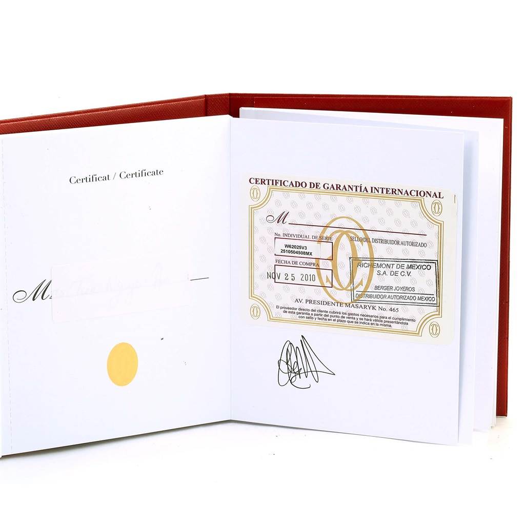 The image shows the warranty card and certificate booklet for a Cartier Roadster W62041V3 Men's Stainless Steel Black Dial W62041V3 Men's Stainless Steel Black Dial watch.