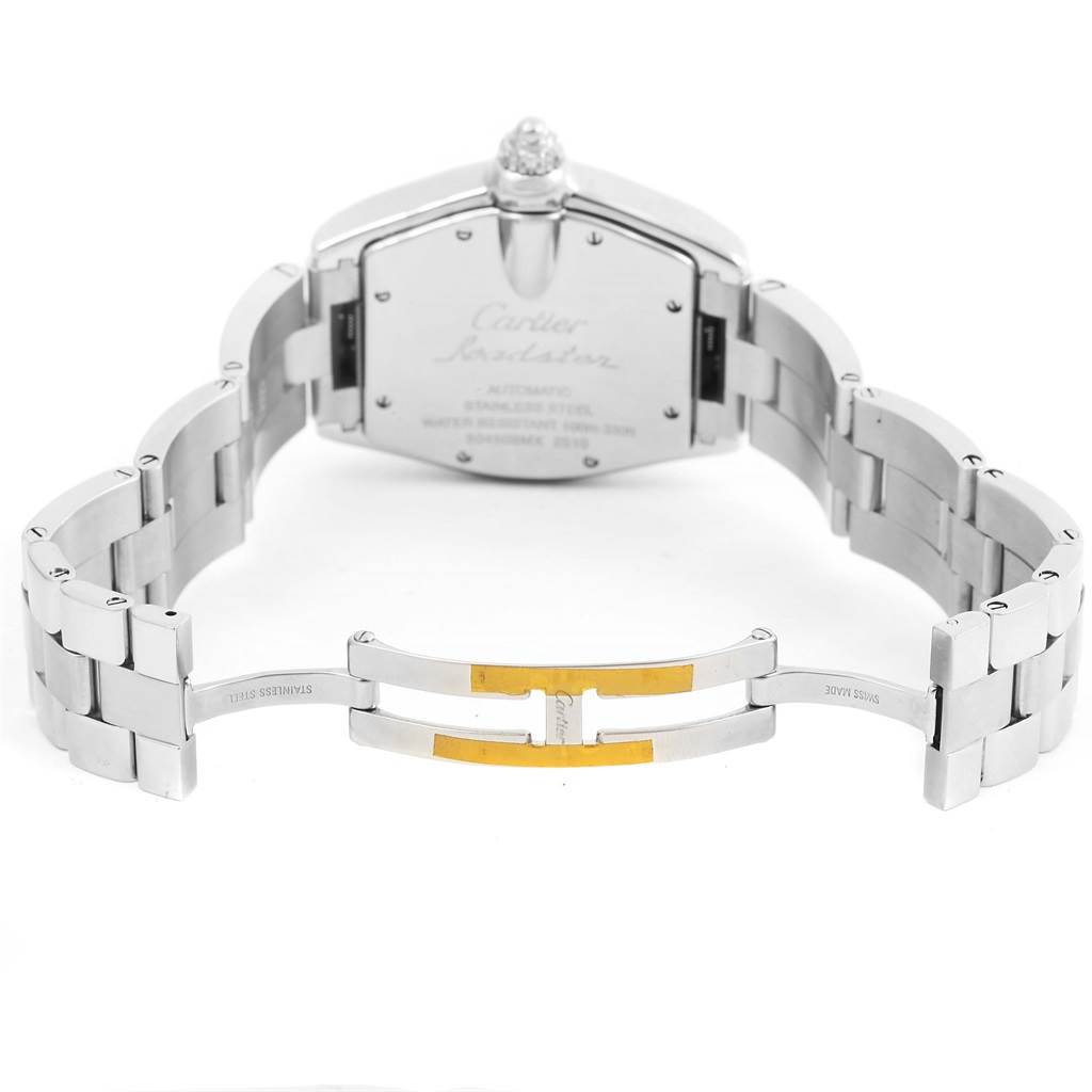 The image shows the back case and open bracelet of a Cartier Roadster W62041V3 Men's Stainless Steel Black Dial W62041V3 Men's Stainless Steel Black Dial watch, highlighting its stainless steel construction.