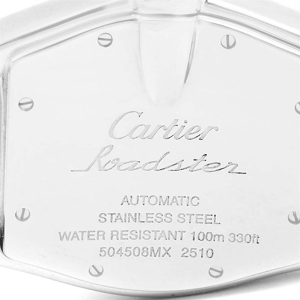 The image shows the back of a Cartier Roadster W62041V3 Men's Stainless Steel Black Dial W62041V3 Men's Stainless Steel Black Dial watch, highlighting its engravings and branding.