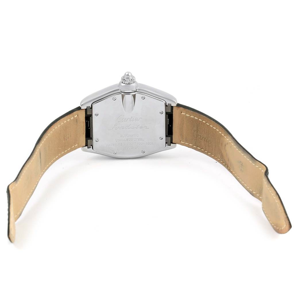 The image shows the back view of a Cartier Roadster W62002V3 Men's Stainless Steel Black Dial W62002V3 Men's Stainless Steel Black Dial watch, displaying the case back and leather straps.