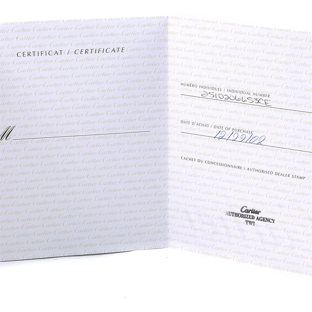 The image shows the certificate and warranty card for the Cartier Roadster W62002V3 Men's Stainless Steel Black Dial W62002V3 Men's Stainless Steel Black Dial watch, displaying individual number and date of purchase.