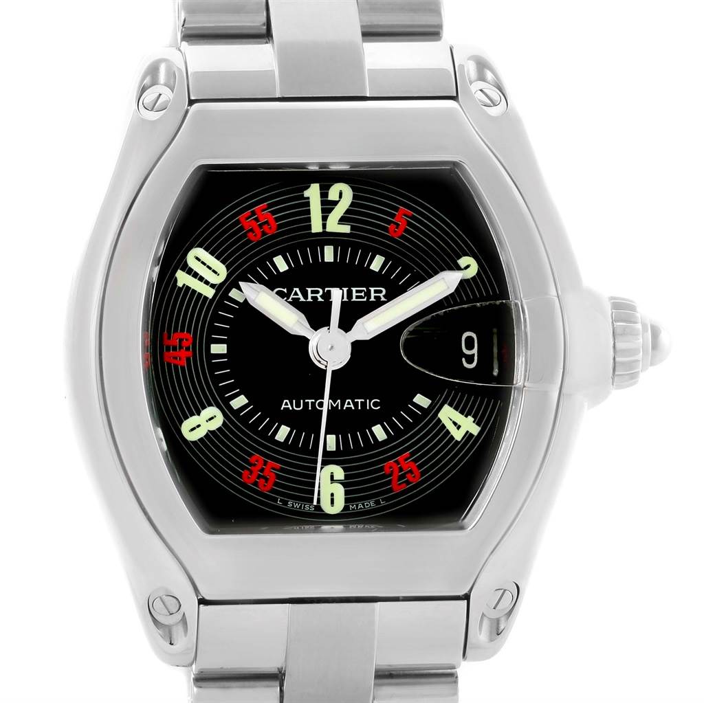 This image shows a front view of the Cartier Roadster W62002V3 Men's Stainless Steel Black Dial W62002V3 Men's Stainless Steel Black Dial watch, highlighting the dial, case, and part of the bracelet.