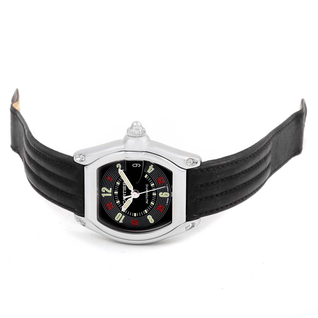 This image shows a front view of the Cartier Roadster W62002V3 Men's Stainless Steel Black Dial W62002V3 Men's Stainless Steel Black Dial watch with its black dial and black leather strap.