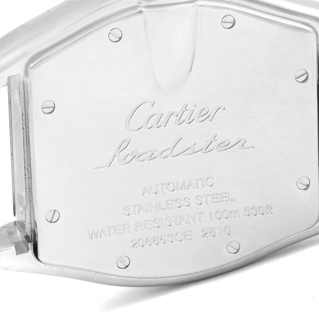 This image shows the back case of a Cartier Roadster W62002V3 Men's Stainless Steel Black Dial W62002V3 Men's Stainless Steel Black Dial watch, highlighting its engravings and four screws.