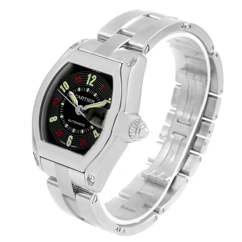 The image shows a Cartier Roadster W62002V3 Men's Stainless Steel Black Dial W62002V3 Men's Stainless Steel Black Dial watch in a three-quarter angle, highlighting the face, case, and part of the bracelet.