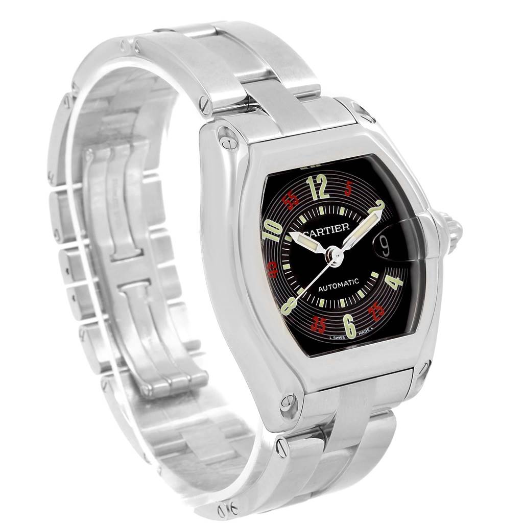 This Cartier Roadster W62002V3 Men's Stainless Steel Black Dial W62002V3 Men's Stainless Steel Black Dial watch is shown from a three-quarter angle highlighting its case, dial, bracelet, and crown.