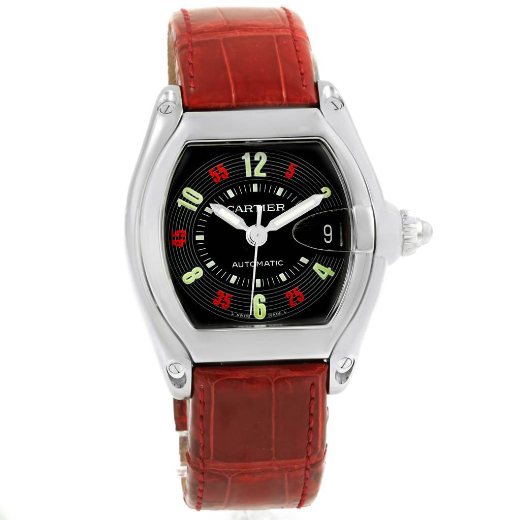 The image shows a front-facing Cartier Roadster W62002V3 Men's Stainless Steel Black Dial W62002V3 Men's Stainless Steel Black Dial watch with a red leather strap and a black dial.