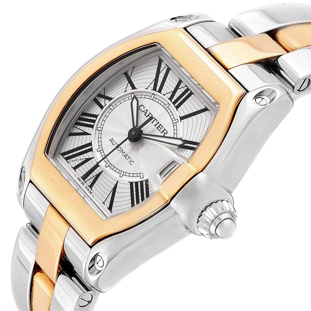 The Cartier Roadster W62031Y4 Men's Steel and Gold (two tone) Silver Dial W62031Y4 Men's Steel and Gold (two tone) Silver Dial watch is shown at an angle displaying the dial, crown, and part of the metal bracelet.