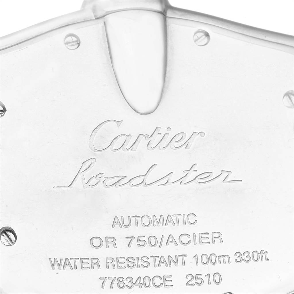 This image shows the back case of a Cartier Roadster W62031Y4 Men's Steel and Gold (two tone) Silver Dial W62031Y4 Men's Steel and Gold (two tone) Silver Dial watch with engravings detailing the model specifications.