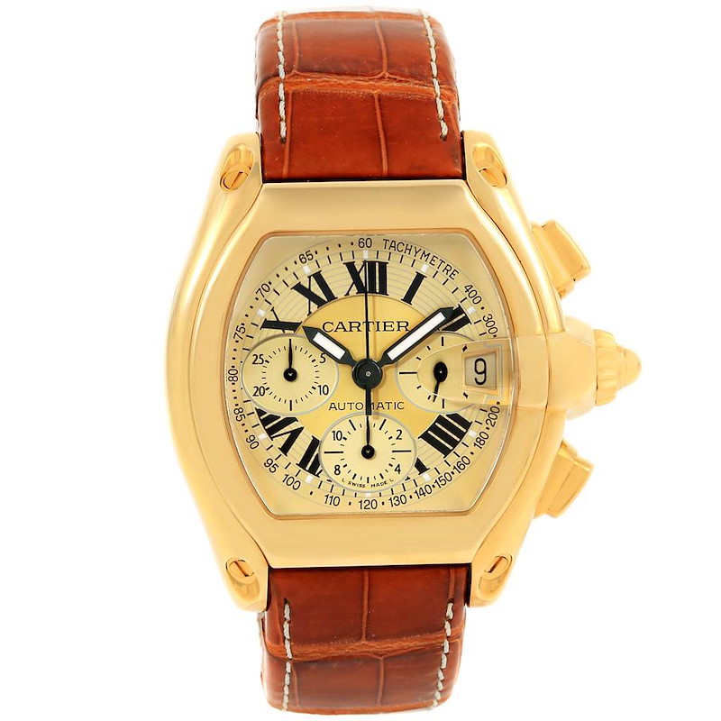 Cartier Roadster Chronograph 18K Yellow Gold Watch W62021Y3 Box Papers SwissWatchExpo